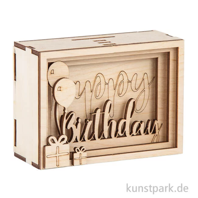 Artikelbild 1 des Artikels “3D Geschenkbox - Birthday, 11,5x8,5x5 cm, Holz-Bausatz mit 13 Teilen “