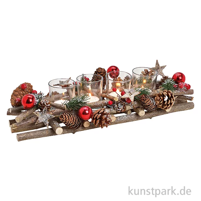 Artikelbild 1 des Artikels “Adventsgesteck aus Holz mit Kerzenhaltern, Braun, Rot, 40 x 10 x 17 cm “