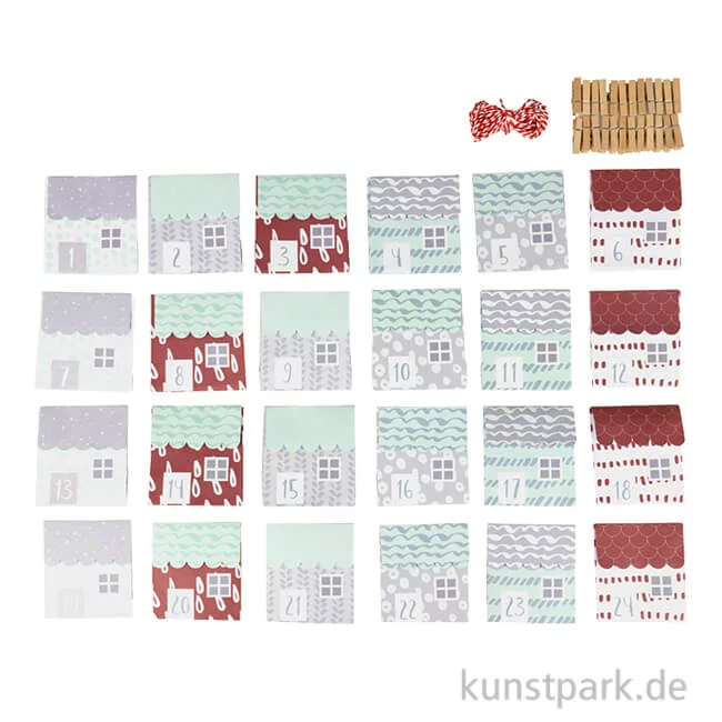 Artikelbild 1 des Artikels “Adventskalender Set Papierhäuser 1-24 mit Klammern + Kordel, 9 x 10 cm “