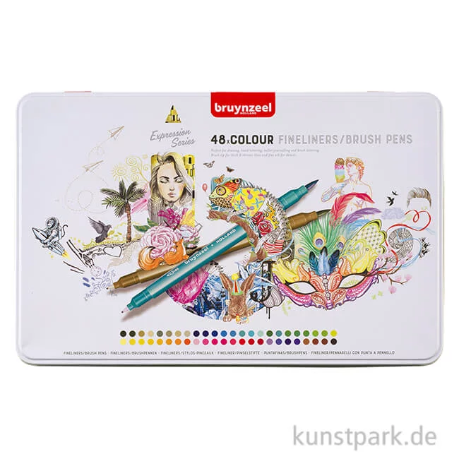 Artikelbild 1 des Artikels “Bruynzeel Fineliner Brush Pen Set mit 48 Stiften im Metalletui “