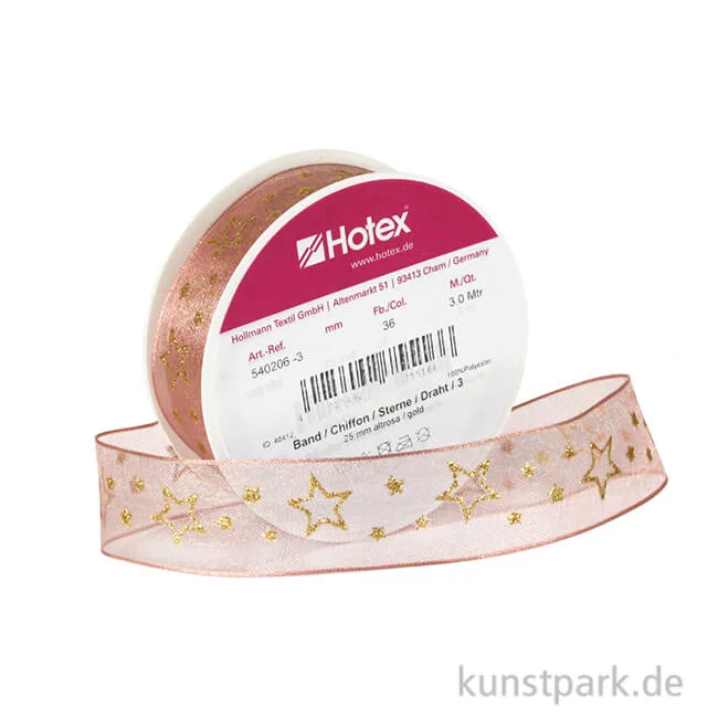 Artikelbild 1 des Artikels “Chiffonband Sterne mit Draht - 25 mm x 3 m Einzelfarbe | Altrosa-Gold“