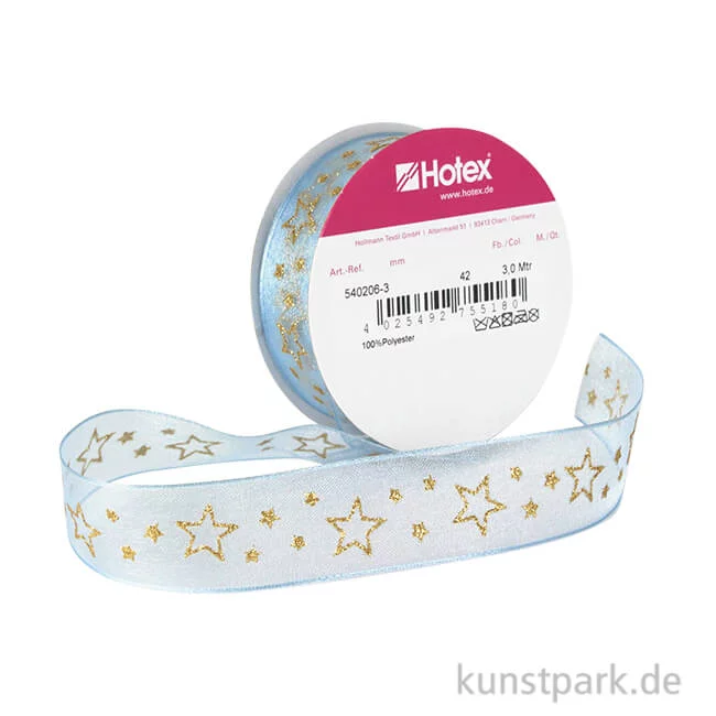 Artikelbild 1 des Artikels “Chiffonband Sterne mit Draht - 25 mm x 3 m Einzelfarbe | Hellblau-Gold“