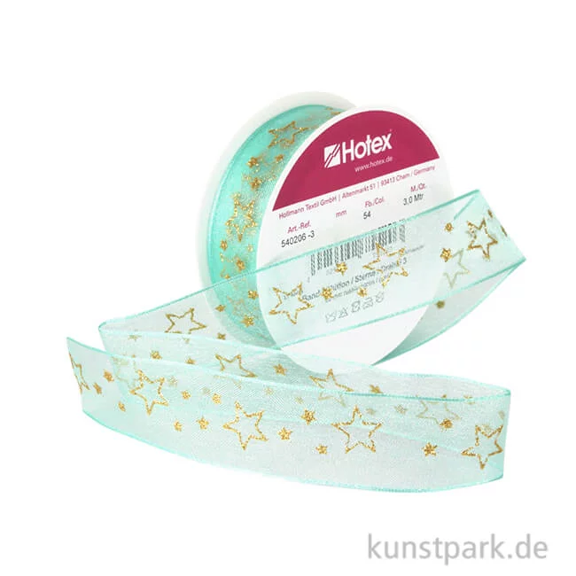 Artikelbild 1 des Artikels “Chiffonband Sterne mit Draht - 25 mm x 3 m Einzelfarbe | Russischgrün-Gold“