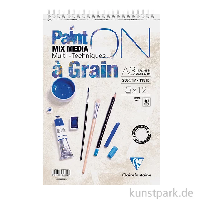 Artikelbild 1 des Artikels “Clairefontaine Paint'ON Papier, Gekörnt, 12 Blatt, 250g, Spiralblock “