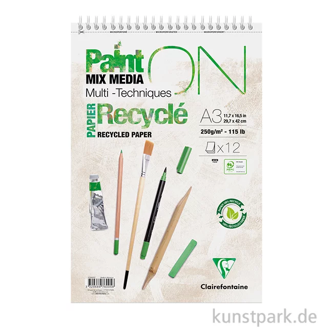 Artikelbild 1 des Artikels “Clairefontaine Paint'ON Papier, Recycling, 12 Blatt, 250g, Spiralblock “