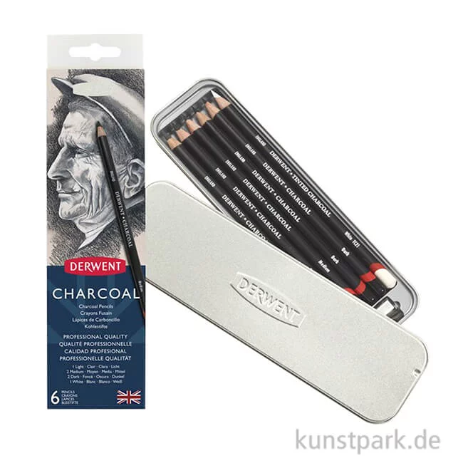Artikelbild 1 des Artikels “Derwent CHARCOAL, 6 Kohlestifte mit Anspitzer im Metalletui “