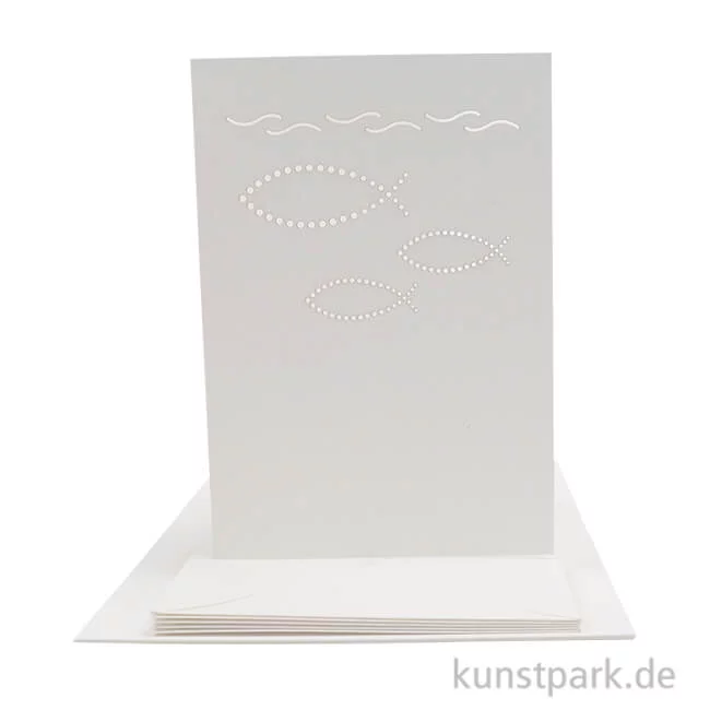 Artikelbild 1 des Artikels “Doppelkarten + Kuverts, 5er Set, Gelasert, Christliche Fische, Weiß “