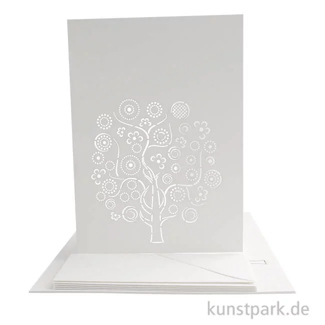 Artikelbild 1 des Artikels “Doppelkarten + Kuverts, 5er Set, Gelasert, Lebensbaum, Weiß “