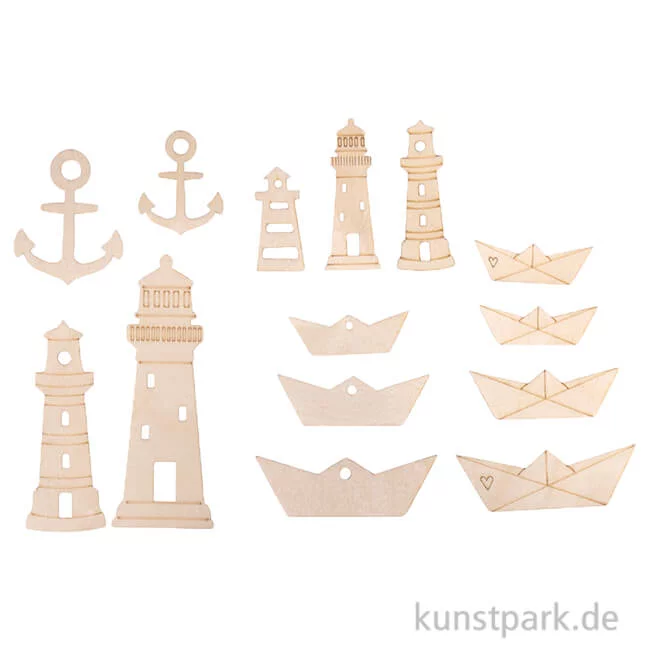 Artikelbild 1 des Artikels “Furnierholz Boote + Leuchtturm, Natur, 1,5-9 cm, Stärke 1 mm, 14 Stück “