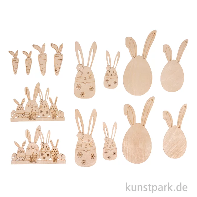 Artikelbild 1 des Artikels “Furnierholz Osterhasen + Freunde, Natur, 3,9-8,8 cm, 14 Stück “