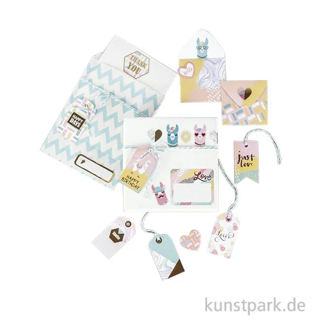 Artikelbild 1 des Artikels “Geschenkverpackung Set - Lama mit Tags, Stickern & Kuverts, 12 Bogen “