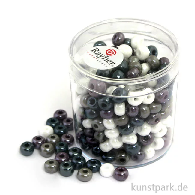 Artikelbild 1 des Artikels “Glas-Großlochradl Grau-Lila-Weiß Mix, opak, 55 g Dose | 5,4 mm“