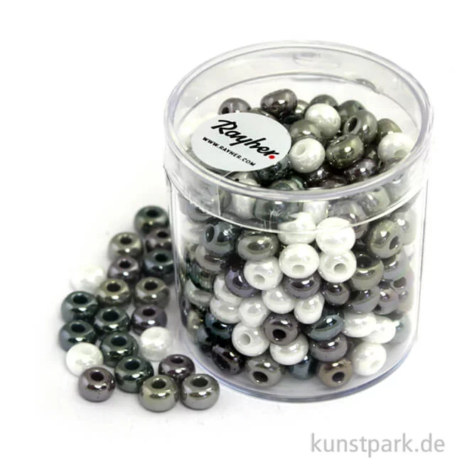 Artikelbild 1 des Artikels “Glas-Großlochradl Grau-Lila-Weiß Mix, opak, 55 g Dose | 6 mm“