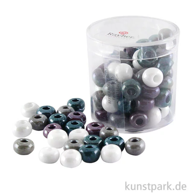 Artikelbild 1 des Artikels “Glas-Großlochradl Grau-Lila-Weiß Mix, opak, 55 g Dose | 8,7 mm“