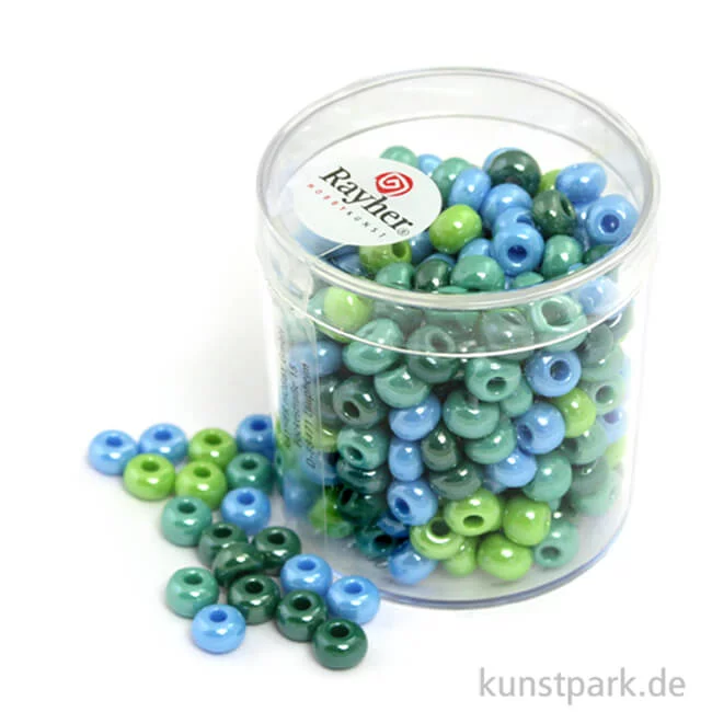 Artikelbild 1 des Artikels “Glas-Großlochradl Grün-Blau Mix, opak, 55 g Dose | 5,4 mm“