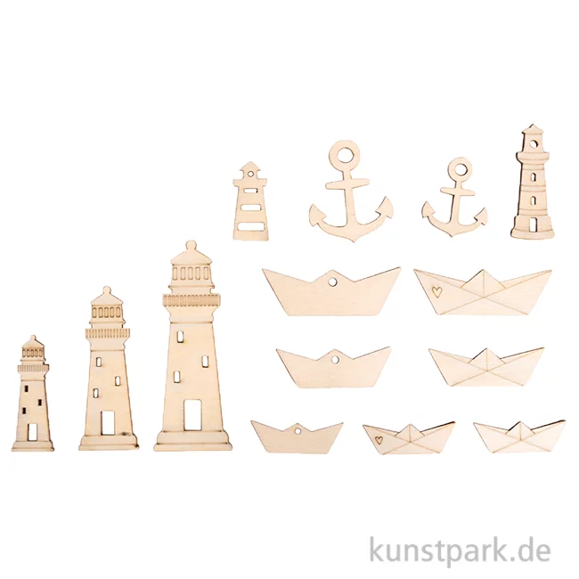 Artikelbild 1 des Artikels “Holz Boote + Leuchtturm, Natur, 1,5-9 cm, 14 Stück “