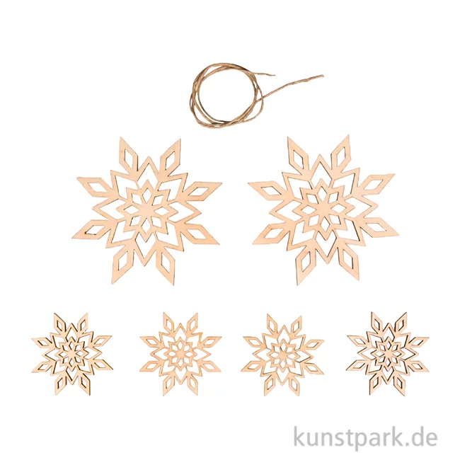 Artikelbild 1 des Artikels “Holz Deko Schneeflocken, Natur, 5-9 cm, 6 Stück + Kordel “