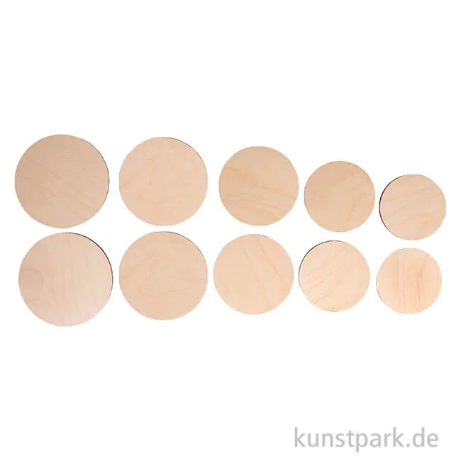 Artikelbild 1 des Artikels “Holz Platten Set, Natur, Rund, ø 7,5-10,5 cm, Stärke 4 mm, 10 Stück “