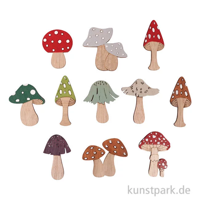 Artikelbild 1 des Artikels “Holz Streuteile Pilze mit Klebepunkt, 3,2-4,5 cm, 11 Stück “