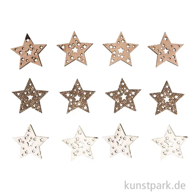 Artikelbild 1 des Artikels “Holz-Streuteile Sterne mit Glitzer und Klebepunkt, 3,5cm, 12 Stück “