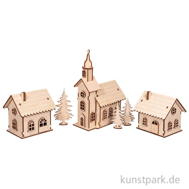 Artikelbild 1 des Artikels “Holzbausatz Lichterdorf, Natur, 7-19 cm, 84-teilig + LED Lichterketten “