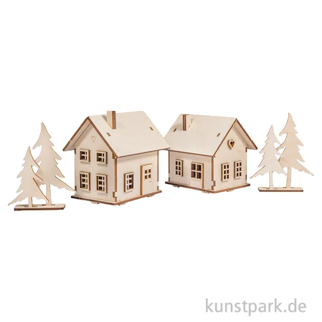 Artikelbild 1 des Artikels “Holzbausatz Lichterhäuser mit LED Lichterkette, 7-10 cm, 46-teilig “