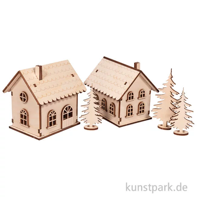 Artikelbild 1 des Artikels “Holzbausatz Lichterhäuser, Natur, 7-10 cm, 48-tlg + LED Lichterketten “