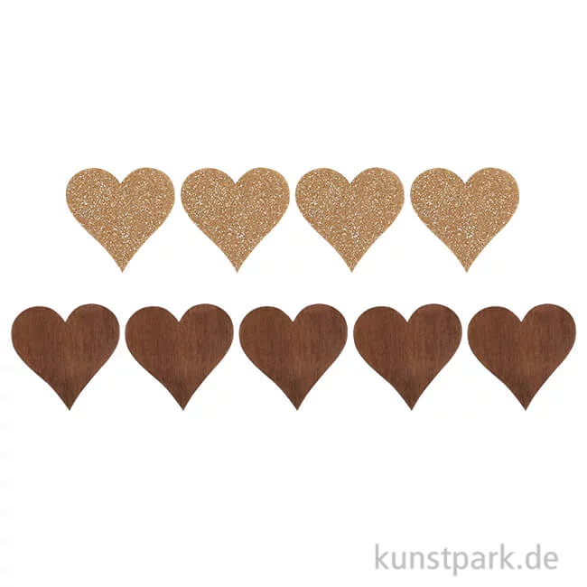 Artikelbild 1 des Artikels “Holzstreuteile, Herzen Braun / Gold Glitzer, 4 cm, 9 Stück “