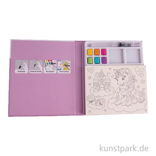 Artikelbild 1 des Artikels “Kinder Malblock mit Wasserfarben, 15,8 x 18,7 cm, 29 Motive, Einhorn “