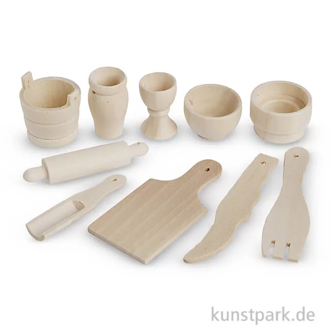 Artikelbild 1 des Artikels “Miniatur Küchenutensilien aus Holz, 40-60 mm, 10 Stück “