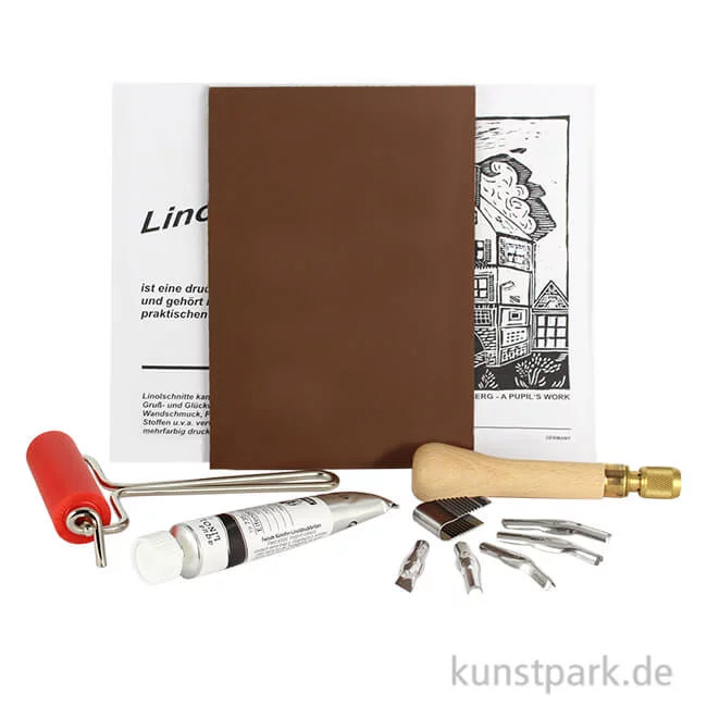 Artikelbild 1 des Artikels “Linolset mit Griff, Linolplatte, Walze, Farbe und Werkzeugen “