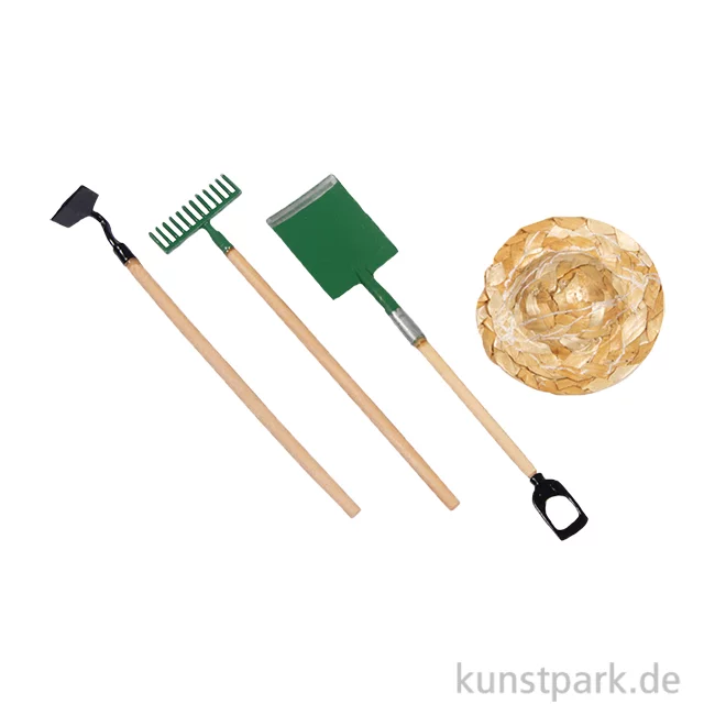 Artikelbild 1 des Artikels “Miniatur Deko Set, Gartengeräte + Strohhut, 4-teilig, 4-9,8 cm “