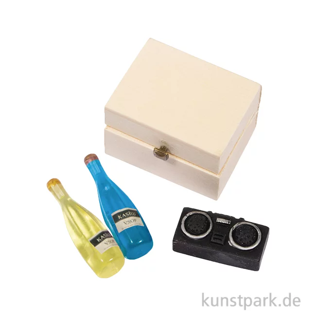Artikelbild 1 des Artikels “Miniatur Deko Set, Picknickbox, Flaschen + Radio, 4-teilig “
