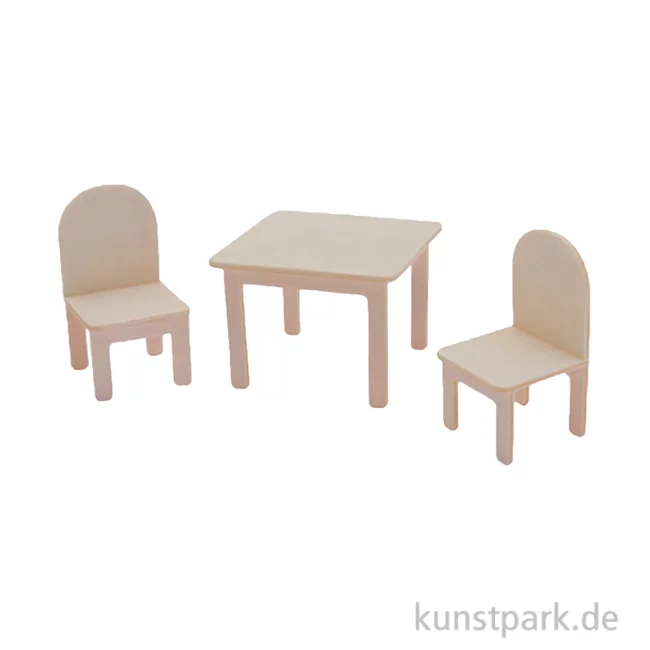Artikelbild 1 des Artikels “Miniatur Holzbausatz - Esszimmer Set, Tisch + 2 Stühle, 9 x 8 cm “