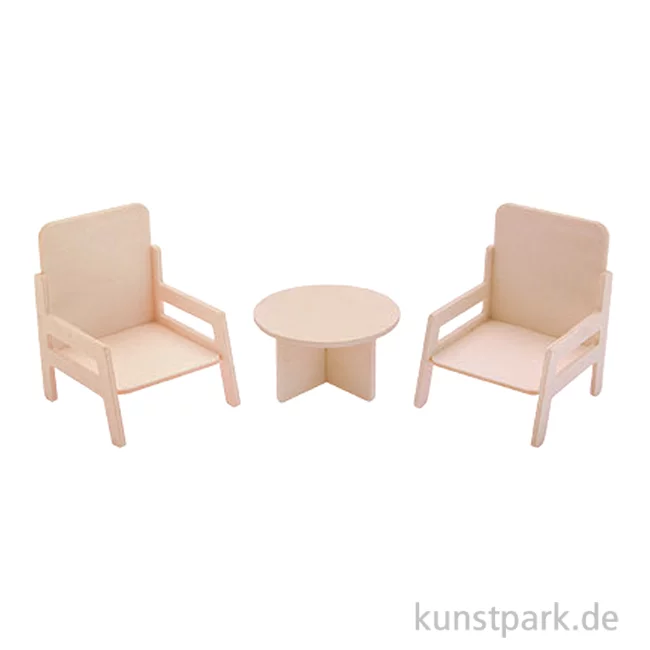 Artikelbild 1 des Artikels “Miniatur Holzbausatz - Wohnzimmer Set, Tisch + 2 Sessel, 9 x 8 cm “