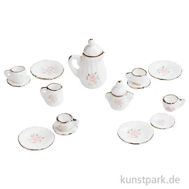 Artikelbild 1 des Artikels “Miniatur Kaffeeservice, Weiß-Rosa mit Goldrand, 1-3,5 cm, 15-teilig “