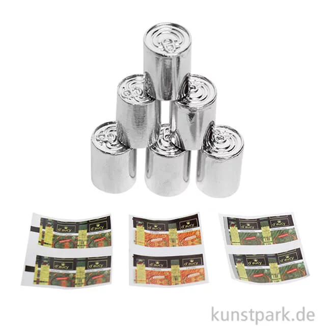 Artikelbild 1 des Artikels “Miniatur Konserven Dosen, Metall, 1,1 x 0,8 cm, 6 Stück “