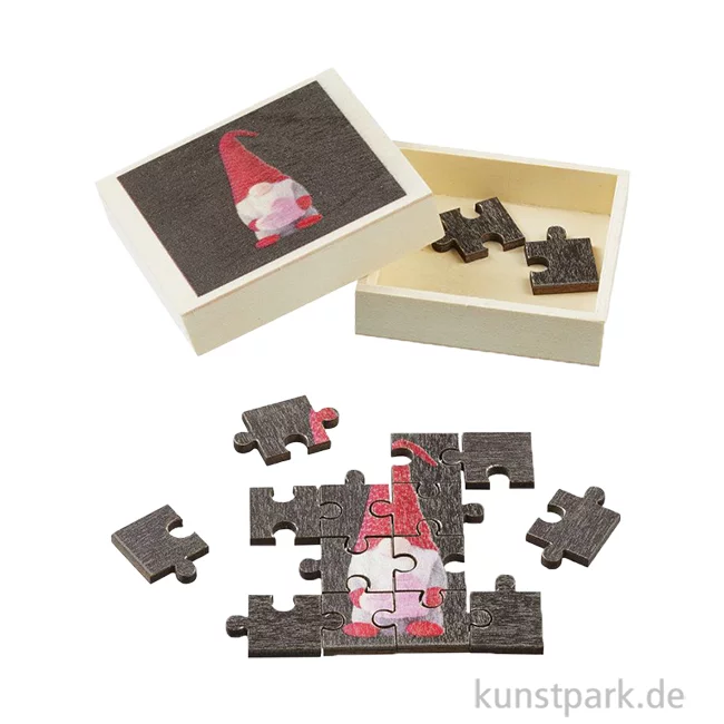 Artikelbild 1 des Artikels “Miniatur Puzzle in Holzbox, Weihnachtwichtel, 5,5 cm, 16-teilig “