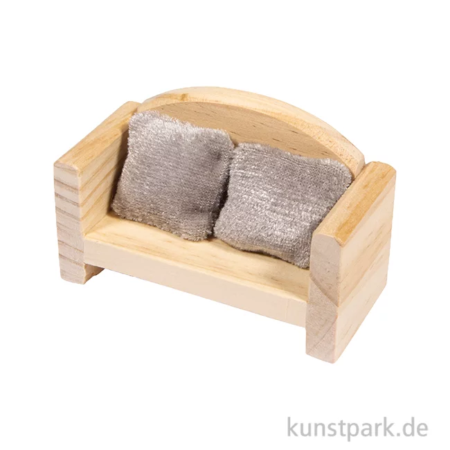 Artikelbild 1 des Artikels “Miniatur Sofa + 2 Kissen, Holz, 8,5 x 3,9 x 5,3 cm “