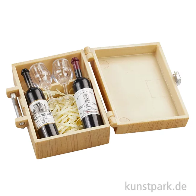 Artikelbild 1 des Artikels “Miniatur Weinbox mit Flaschen, Holz, 4,5 x 3,3 x 2 cm “