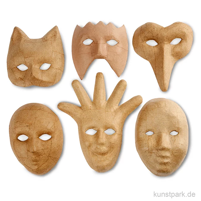 Artikelbild 1 des Artikels “Pappmaché - Masken, Größe 12-21 cm, handgearbeitet, 6 Stück sortiert “