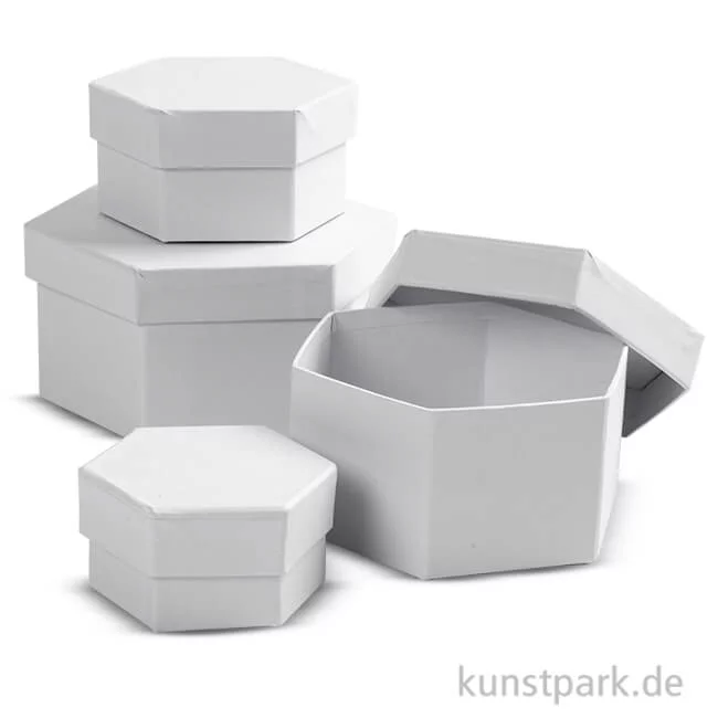 Artikelbild 1 des Artikels “Pappschachtel-Set - sechseckig, weißer Karton, handgearbeitet, 4 Stück “