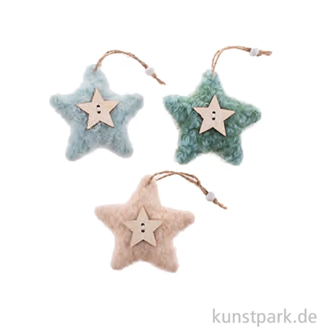 Artikelbild 1 des Artikels “Plüschsterne mit Hänger, Mint Natur Petrol, 3 Stück, 7,5 x 7,5 x 2 cm “
