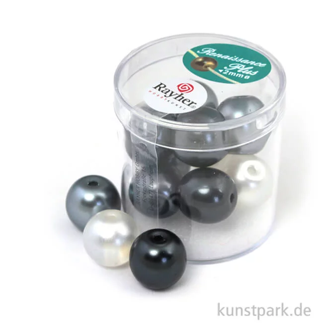 Artikelbild 1 des Artikels “Renaissance Glaswachsperlen MIX halbtransparent - 14 mm - 12 Stück Dose | Weiß-Grau“