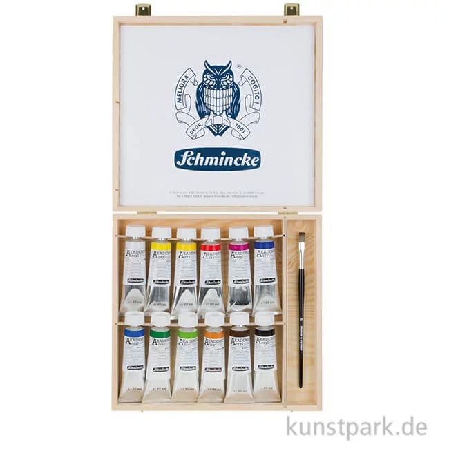 Artikelbild 1 des Artikels “Schmincke AKADEMIE Acrylfarbe Holzkasten mit 12 x 60 ml und Zubehör “