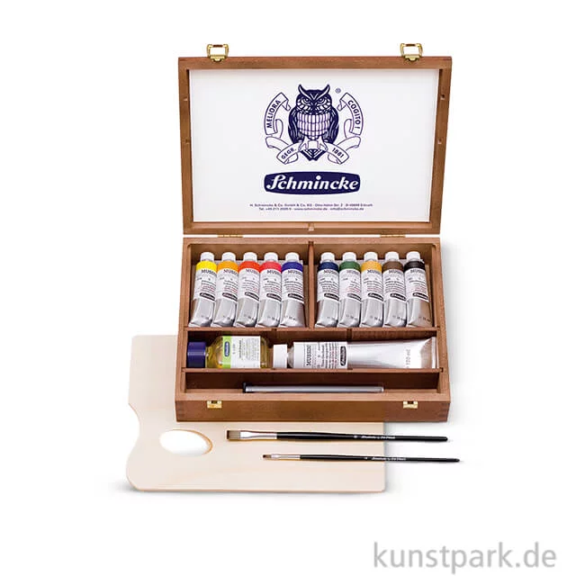 Artikelbild 1 des Artikels “Schmincke MUSSINI Ölfarben - Dunkler Holzkasten, 10x35 ml, Zubehör “