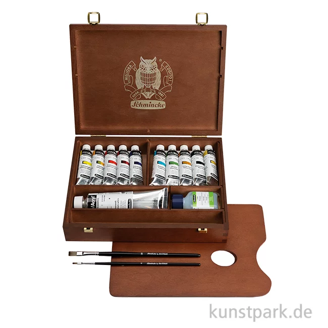 Artikelbild 1 des Artikels “Schmincke PRIMAcryl Holzkasten, 10 x 35 ml + 150 ml Weiß + Zubehör “