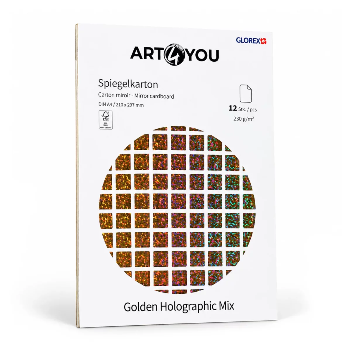 Artikelbild 1 des Artikels “Spiegelkarton-Block, A4, Golden Holo Mix, 12 Blatt, 230g “