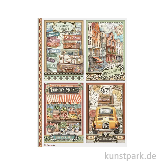 Artikelbild 1 des Artikels “Stamperia Reispapier - Art of Travelling 4 Cards, DIN A4 “