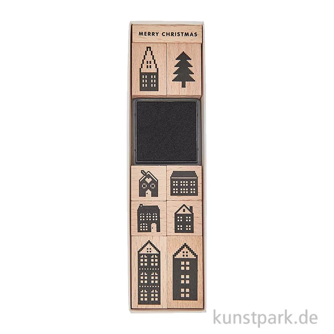 Artikelbild 1 des Artikels “Stempelset - Häuser mit 9 Holzstempeln + Stempelkissen “